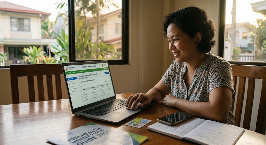 PhilHealth Member Portal 2026 guide showing a Filipino member checking PhilHealth records and contributions online